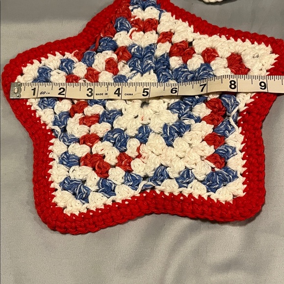 Handmade Crochet Knitted Pot Holders Set of 7 Seven Red, Blue, White - Picture 5 of 8